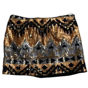 Cecico Gold Silver Sequin Mini Skirt Women's Size M Retro Aztec Gatsby Glam